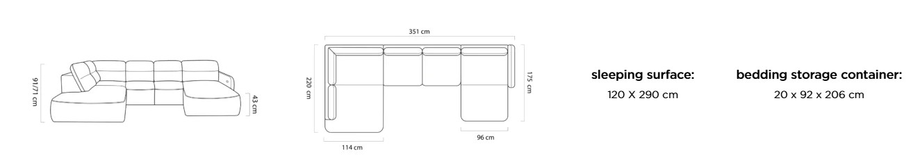 Sedacia súprava v tvare U VERONA XL rozmery 351 × 220 cm, plocha na spanie 120 × 290 cm a úložný priestor 20 × 92 × 206 cm